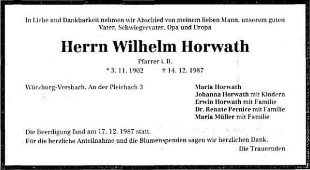 Horwath Wilhelm 1902-1987 Todeanzeige